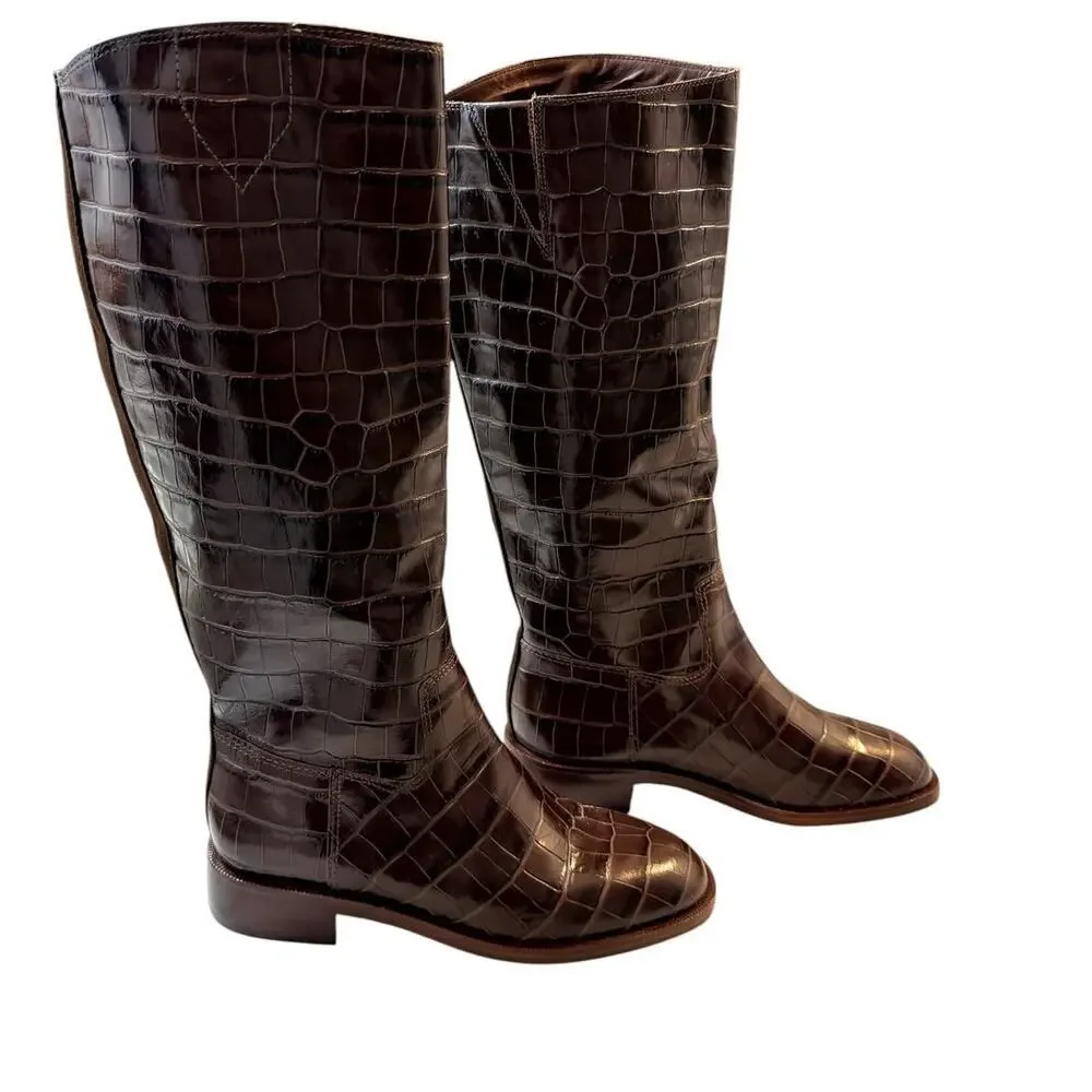 Schutz Terrance Up Brown Croc Embossed Leather Boots Size 6 New